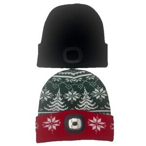 Adventure LED Cuffed Beanie hat Black Fair Isle Christmas Holiday Green Lot Of 2
